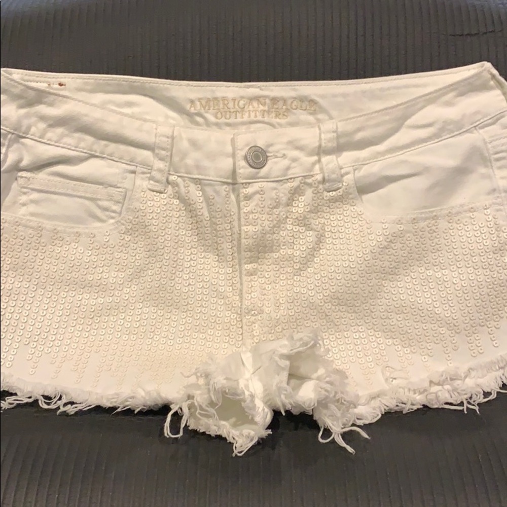 White sequined jean American eagle shorts size 12